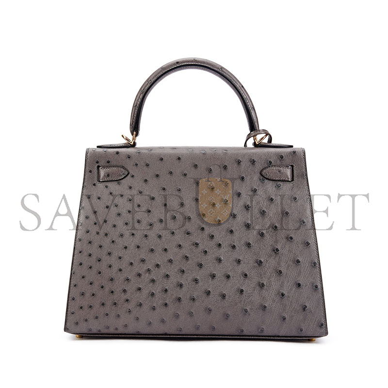 HERMÈS MASTER OSTRICH KELLY 25 PEWTER GREY GOLD BUCKLE (25*17*7cm)
